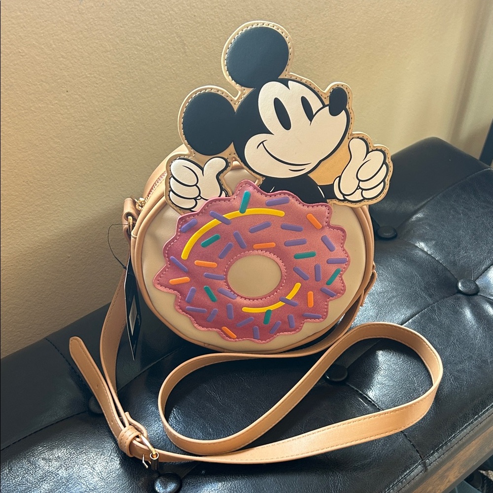 Disney Crossbody Bag with Mickey Mouse and Donut Design - Tan and Purple